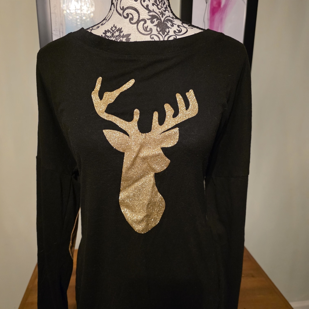 Black Long Sleeve Top with Gold Deer Design